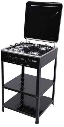 Juego de 4 hornillos de gas, hornillos de gas, estufa de gas, con armario doble y tapa, horno de camping portátil para familias o actividades al aire libre como camping, pesca, caravanas, color negro