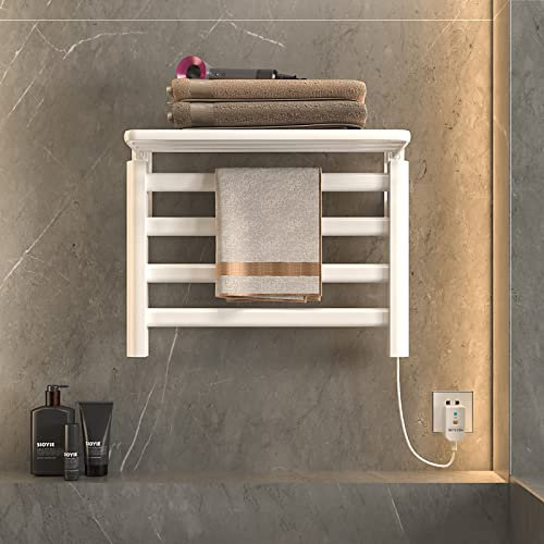 Radiatore scaldasalviette elettrico, 550 x 400 mm, intelligente, riscaldabile con ripiano, riscaldamento in fibra di carbonio, temperatura costante 55 °C, bianco essenziale per il bagno