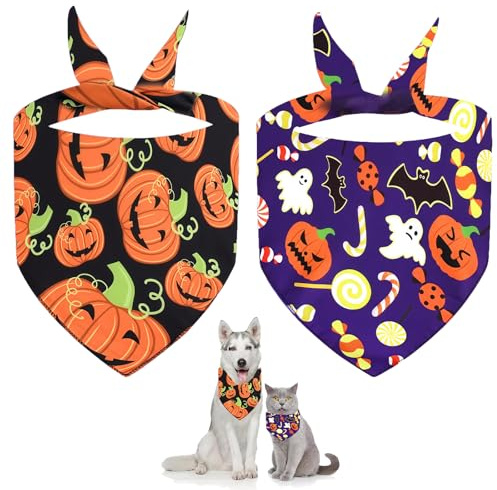 2Pcs Dog Halloween Bandanas, Adjustable Triangle Holiday Ghost Bat Pumpink Scarves for Small,Medium and Large Dogs Girl Boy Pets