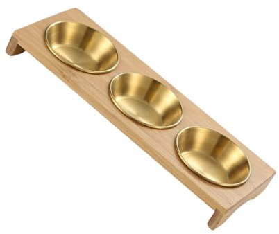AUTSUPPL Set Coupelles Apéritives Acier Inoxydable Doré avec Support Bois Assiettes pour Sauce et Condiments Vaisselle pour Cuisine Bbq et Pique-