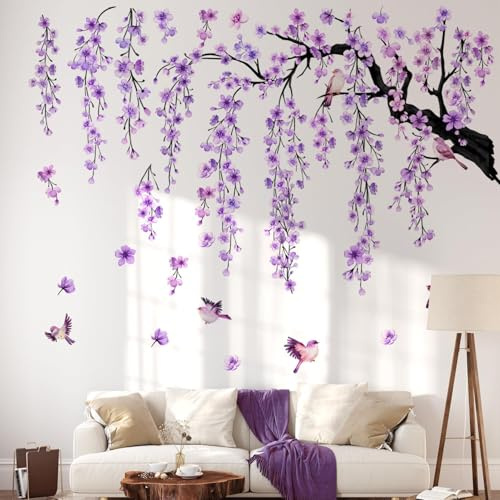WandSticker4U®- [Extra groß] Wandtattoo Baum XXL KIRSCHBLÜTENBAUM in Lila (143x112 cm) I Aquarell Wandaufkleber hängende Blumen Blüten Vögel I Wandsticker Wohnzimmer Schlafzimmer Erwachsene Kinder