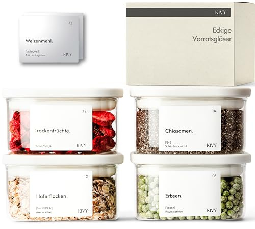 KIVY Kleine Vorratsgläser mit transparenten Glasdeckel 4x 350ml - Luftdicht | Gewürzgläser stapelbar - Gewürzbehälter Glas - Gläser Gewürze Schublade- Gewürzdosen- Gewürze Aufbewahrung - BPA Frei
