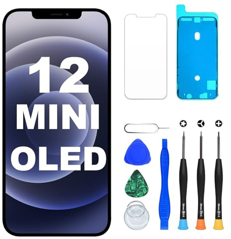 DIGI4U Ecran pour iPhone 12 Mini OLED, Full HD Compatible Face ID Retina 3D Touch True Tone avec Assemblage Digitizer, Kit d’Outils de Réparation et Adhésif Étanche