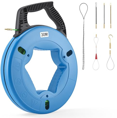 Yigowyigo Guia Pasacables 30m 4,5mm Ayuda para Tirar de Cables Alambre de Tracción con Cabezal de Cobre y 7 Adaptadores, Se Desliza Fácil por Curvas, para Eléctricos, Fibra Óptica y Tubos Vacíos