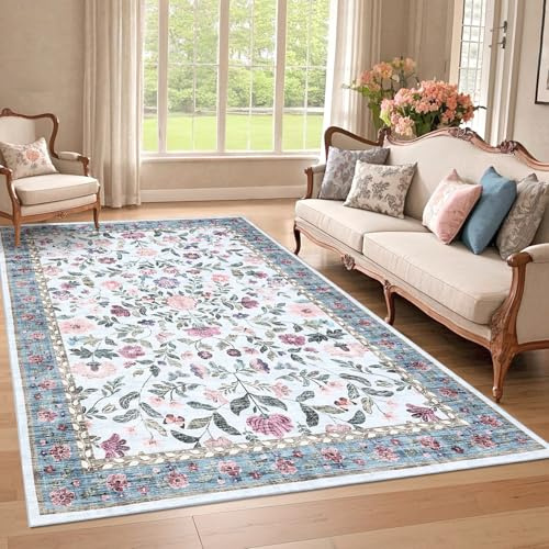 CAROMIO Vintage Blumenmuster Teppich Wohnzimmer 160x230 cm Kurzflor Blau | Waschbarer Floraler Teppich für Schlafzimmer Kinderzimmer Esszimmer, Blumen, Boho, Rutschfest, Faltbar
