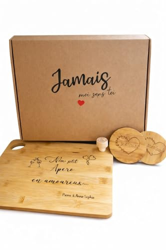 Box Cadeau Couple personnalisée – Planche apéro gravée + Dessous de Verre + Bouchon de vin – Coffret Saint-Valentin Amoureux – Idée Cadeaux Couple personnalisée