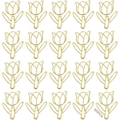 boxoon Flower Paperclips, 80 st guldmetallklämmor med låda, dekorativa pappersklämmor 3,6 x 2,5 cm för kontor och skola
