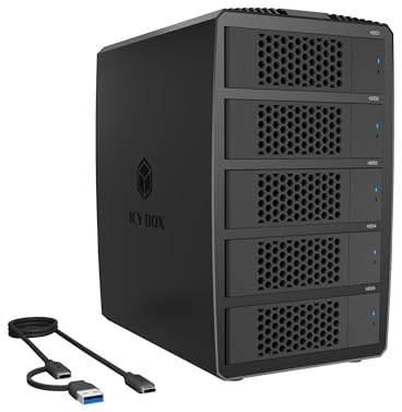 ICY BOX RAID-System 5X 2,5/3,5 SATA HDD USB 3.2 Heart RAID 3705 | Für 5x 2,5 oder 3,5 SATA HDD/SSD geeignetUSB 3.2 Gen 1 Anschluss mit 5 GbpsRAID-Modi 0,1,10,3,5, Single, Large, Clone