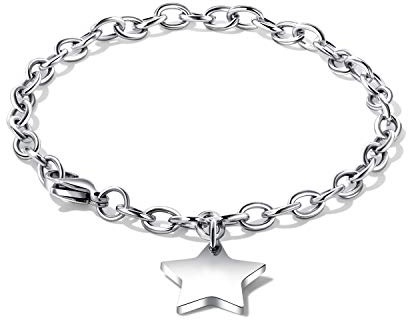 bigshopDE Pulsera para mujer de 18 cm, acero inoxidable, plata, cadena de eslabones de estrella, colgante de regalo, 18 centimeters, Acero inoxidable