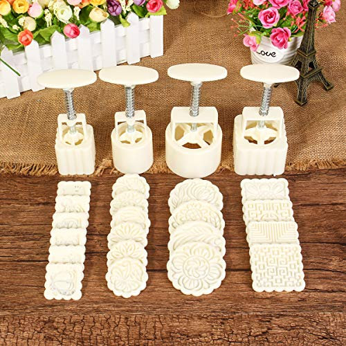 Tutoy 4 Sets Mooncake Pastry Press Mold 100g 50g DIY Flower Pattern Mould Decor w/ 20 Stamps Round Square