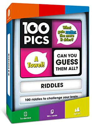 100 PICS Riddles Game - Guess 100 Riddles and Brain Teasers. 50 cards with picture and anagram clues. Game case with moving doors and answer revealer.