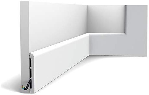 Orac Plinthe SX184-RAL9003 CASCADE 200 cm x 1,3 cm x 11,0 cm Polystyrène extrudé (HDPS) lisse arrondi avec passage de câble prépeinte en blanc (RAL 9003)