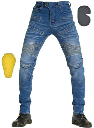 SHUOJIA Jeans Da Uomo Per Motociclismo, Con 4 Cuscinetti Protettivi Rimovibili, Pantaloni In Denim Da Moto, Pantaloni Da Corsa Professionali Traspiranti Estivi (Blue,S)