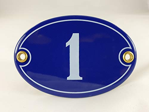 Emaille Hausnummer Schild Nr. 1, oval, Blau-Weiß mit Schrauben und Dübel Handarbeit