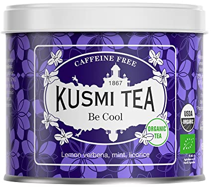 Kusmi Tea - Be Cool - Ekologisk infusion - Örtblandning, pepparmynta, lakrits och äpple - Ekologiskt örtte utan tein - Tillverkat i Frankrike - Teplåt i metall 90g - Mängd för ca 50 koppar