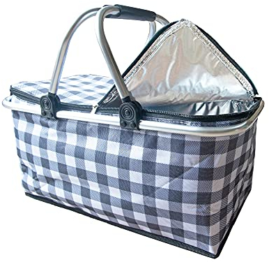 Einkaufskorb faltbar mit Kühlfunktion, Picknickkorb | Klappbar Thermokorb mit Deckel | Isolierkorb | Einkaufstasche mit Reißverschluss | Tragetasche | 30L (Schwarz kariert)