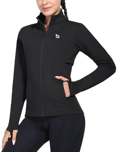 baleaf Women's Fleece Running Jacket Water Resistant Full Zip Winter Cold Weather Gear Thermal Cycling Workout Jackets Black L