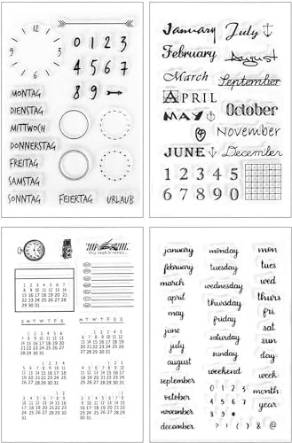 Silikonstempel Kalender 4 Blätter Clear Stamps Kalender Deutsch | Monate Wochentage Planer Transparente Stempel Zahlen DIY Bullet Journal Scrapbooking Fotoalbum Stempelset Kalender