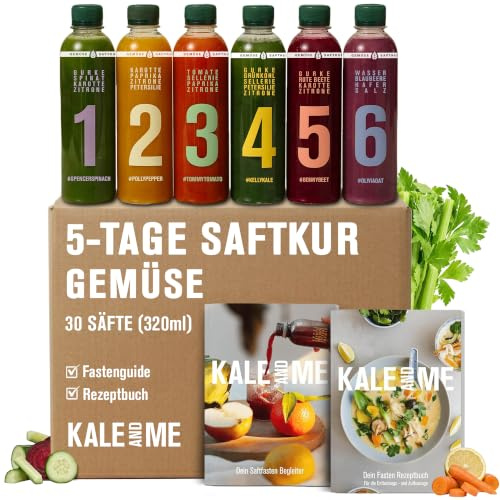 Kale&Me Saftkur Gemüse 5 Tage – 30 nummerierte Flaschen mit je 320 ml | 6 verschiedene kaltgepresste Säfte aus 98% Gemüse, herber Geschmack, vegan, ohne Zusatz- & Konservierungsstoffe, mit Kurguide
