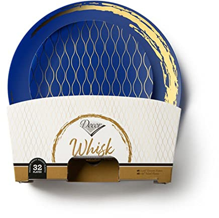 Decor Decorline - Premium Mehrweg Kunststoff Partygeschirr set - 32 Teile - Whisk-Kollektion - Blau/Gold - Stabil, Wiederverwendbares Teller Set -2 Größen (16x26cm, 16x19cm)