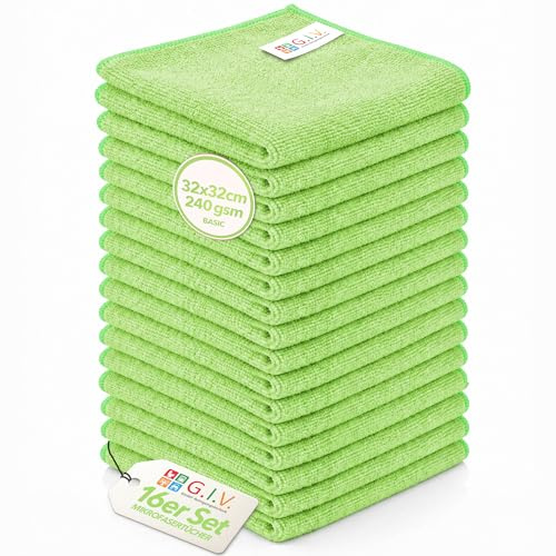 G.I.V. 16x Mikrofaser Reinigungstücher Grün 240 GSM 32x32cm, Putztücher Hygienisch, Streifenfrei & Saugstark - Microfasertücher Lappen für Haushalt, Gastronomie, Auto, Werkstatt