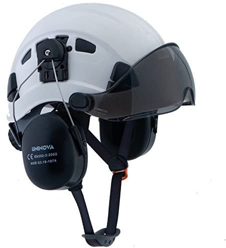 UNINOVA Arborist Helmet with Visor and Earmuffs, OSHA Safety Hard Hat for Forestry, Logging, Trimming, Mowing, Climbing Tree Work (A91 White+Smoked Visor+Earmuff)