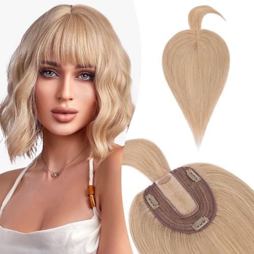 Silk-co Hair Topper Echthaar mit langem Pony, Toupet Damen 10x12cm Basis, Haartopper Echthaar mit Remy Seide Basis, Haar Topper Clip in Haarteil Extensions, 35cm27# Dunkelblond