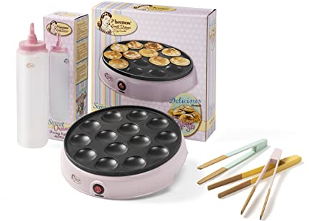 Bestron Poffertjesmaker, Vorteilspaket inkl. Teigflasche & 3-Set Servierzangen, ideal für Weihnachten, Ostern oder Kindergeburtstage, Retro Design, 800 Watt, Farbe: Rosa