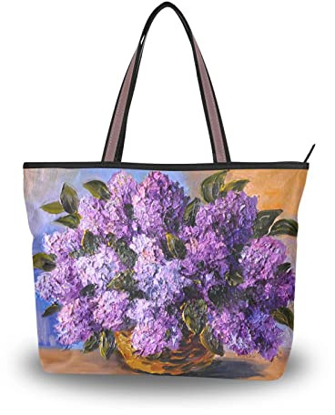 Bolsos de mano para mujer, lilas, flores moradas, con cremallera, bolso de hombro para mujer, bolso de compras, bolsa de trabajo informal, Purple, Medium