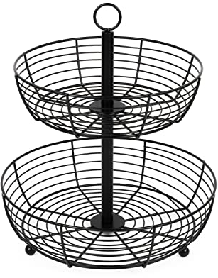 Auroni Etagere 2 Etagen schwarz mit großen runden Obsttellern zur Präsentation von Obst stilvoller Obstkorb 2- stöckige Obstschale H=33 cm D= 29 cm