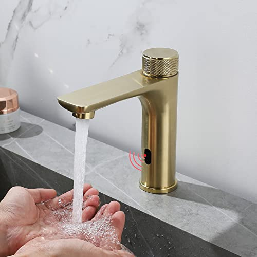 XJTNLB Infrarot Wasserhahn mit Sensor Waschtischarmatur Gebürstetes Gold, Waschbecken Armaturen Einhebelmischer für Badezimmer