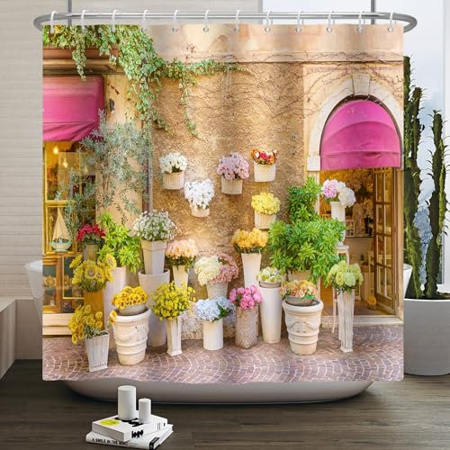 SDOTPMT 140x180cm Italian View of Stonewall House Flowerpot Doccia Tenda,Town Fiorista Batutub Tenda Esterna, Foglie Romantiche Tende Floreali da Bagno per Bagno Vasca da bagno con Ganci