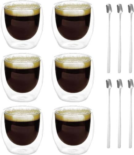 Juego de Tazas de Café Con Doble Pared - 6 Unidades de 80 ml, Vasos Térmicos de Cristal Con 6 Cucharas para Capuchino