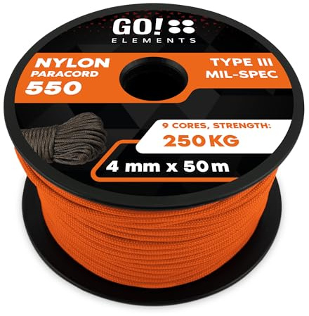GO!elements Paracord Seil aus reißfester Nylonschnur - 4mm Paracord 550 Typ III Schnur - geeignet als Allzweckseil & Reepschnur - Max. 250kg