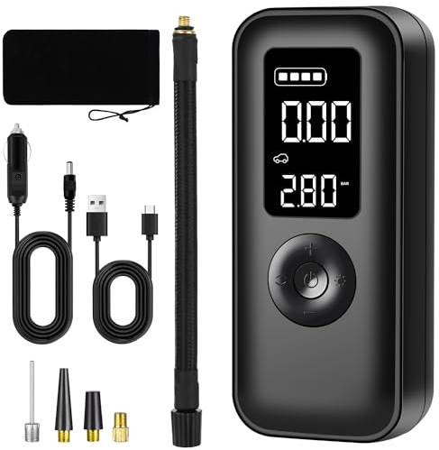 JOFLVA Elektrische Fahrradpumpe, Fahrrad ZubehöR Pumpe, Autoreifen Luftpumpe, Mini Kompressor 150PSI(10.3BAR), Automatische Abschaltung Ballpumpe, Kabelloses Dual-Use 4 Individuellen DüSen Und Taschen