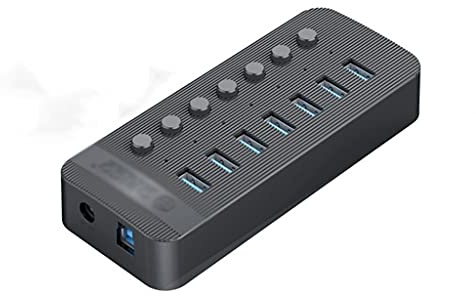 7 Port Powered USB 3.0 HUB BC1.2 Charger Splitter with Individual on/Off Switches and 12V/2A Power Adapter for PC Computer