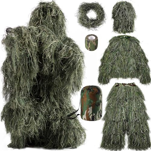 VIGASZEN Ghillie Trajes 6 en 1, trajes de caza de camuflaje 3D (bosque, verde oscuro, XL XXL)