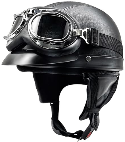 Casques Bols Jet Moto Vintage avec Lunettes Casque de Pilote Rétro Casque Casque Scooter Homme Femme Demi Casque Coupe-Vent Casque pour Moto Vélo Scooter