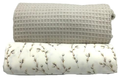 Waffelpique und Baumwollstoff Set | farblich abgestimmt | 100% Baumwolle | Ökotex | zum Nähen von Wickelunterlagen, Kissen, Babyzimmer-Ausstattung uvm. (Weidenkätzchenzweig, beige)