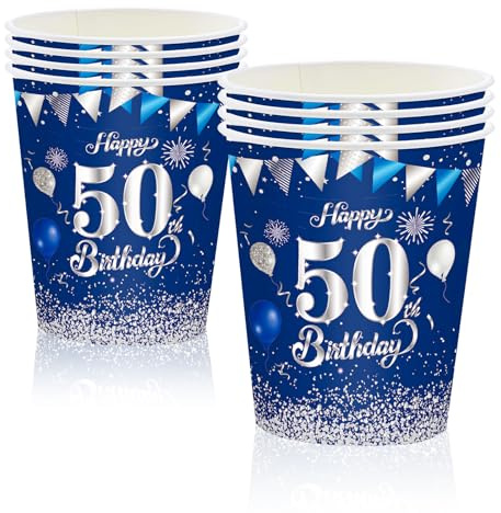 MORAINJAY 50. Geburtstag Papierbecher, 16 Stück Blau Mit Silber für Mann Frau, 9oz/250ml Party Deko