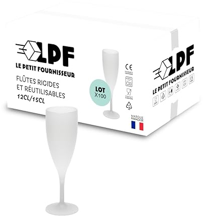 LPF LE PETIT FOURNISSEUR - Lot de 100 Flûtes à champagne réutilisables 12cl (15cl max) - Polypropylène plastique alimentaire - Verre à champagne durable - Compatible lave-vaisselle - Couleur givrée