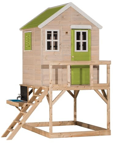 Wendi Toys casetta su palafitta con cucina da esterno, legno FSC, con lavello, rubinetto, piastre gioco e lavagna, casa gioco per bambini resistente alle intemperie, verde - M21L-K