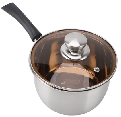 Cacerola de acero inoxidable, olla para cocinar salsas, sartén de leche, olla de sopa antiadherente con tapa de vidrio visible y mango resistente al calor para cocina y restaurante (14 cm)