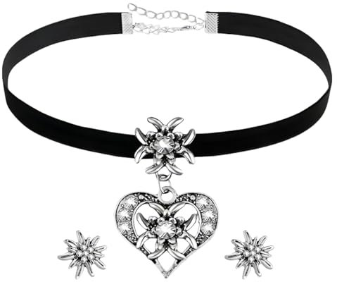 JOZMMZEOOA 3 Stücke Schmucksets für DamenStrass Edelweiß Herz Anhänger und Ohrstecker Damen Schmuck Oktoberfest Dirndl Accessoires Ohrringe Damen Accessoires,für Oktoberfestkonzert (Schwarz)
