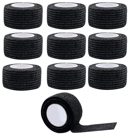JZK 10 Rolls 2.5cm Self adhesive bandage wrap, stretchy cohesive bandage, fixation bandage for stretch athletic, fingers, wrist, toes, feet, sports tape, elastic adhesive tape for pet, Black ﻿