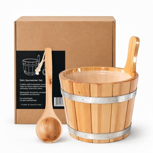 Sauna-Eimer mit Saunakelle aus 100% nordischer Fichte | Deutsches Qualitätsprodukt | 5 Liter Füllvolumen inkl. Einsatz, Holzgriff | Wellness Aufguss Komplett Set