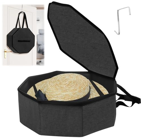 Hat Box for Travel and Storage, 17 D x 7 H Foldable Hat Case with Handles and Shoulder Strap hat Storage Box with Cardbord Dust Proof Lid Cowboy Cap Organizer Boxes for Closet or Travel (Black)