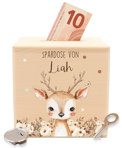 Kidsmood - Personalisierte Spardose Kinder mit Schlüssel aus Holz, Sparschwein Kinder mit Namen als Taufgeschenk, Geburtstagsgeschenk & Einschulungsgeschenk für Mädchen & Jungen - Rehlein (10x10 cm)