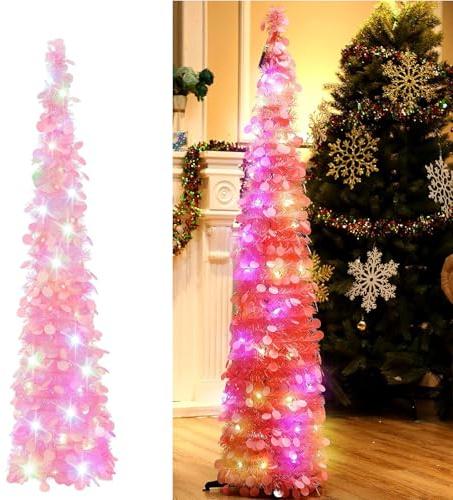 5Ft/1.5m Lighted Tinsel Pop Up Christmas Tree with 100 Lights,Pencil Artificial Collapsible Xmas Decoration Home Party Indoor Outdoor (Pink)