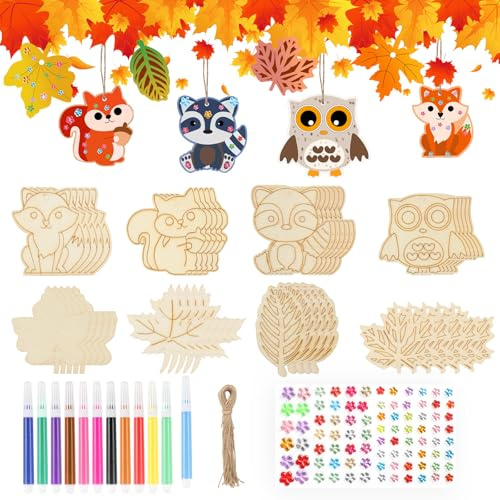 Holz Basteln Herbst,93 Stück Bastelset Herbst für Kinder ab 4 5 6 Jahre, DIY Herbstdeko Holzanhänger zum Bemalen, mit Eulen Fuchs Eichhörnchen Herbstblätter, Jungen Mädchen Kreativsets Geschenk